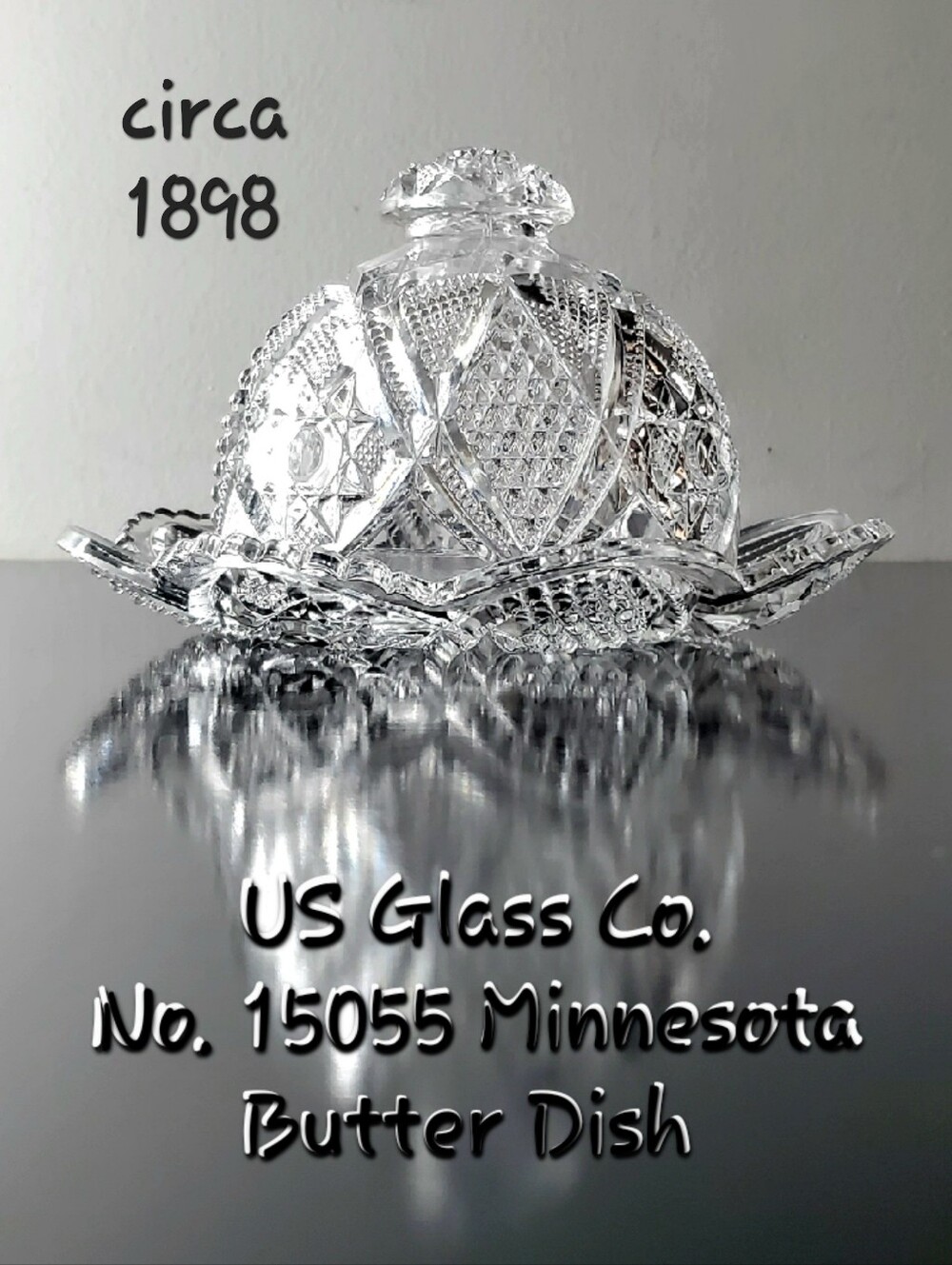 1898 US Glass Co. No. 15055 Minnesota 2pc Butter Dish Stars, Cross-Hatch, Cane